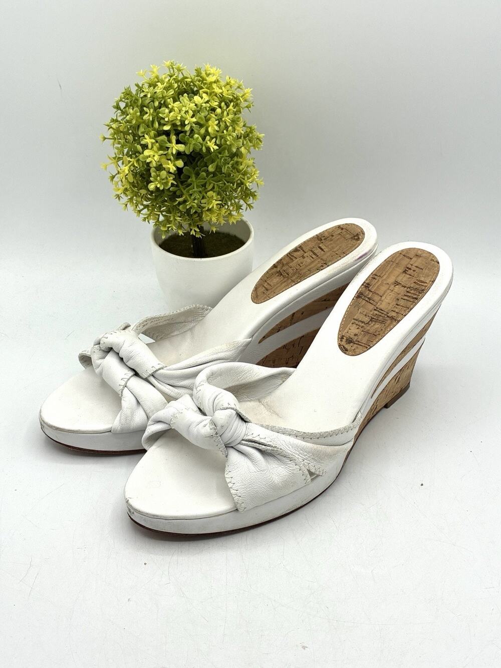 Antonio Melani White Leather Knotted Strap Cork Wedge Slide Sandals Size 7.5